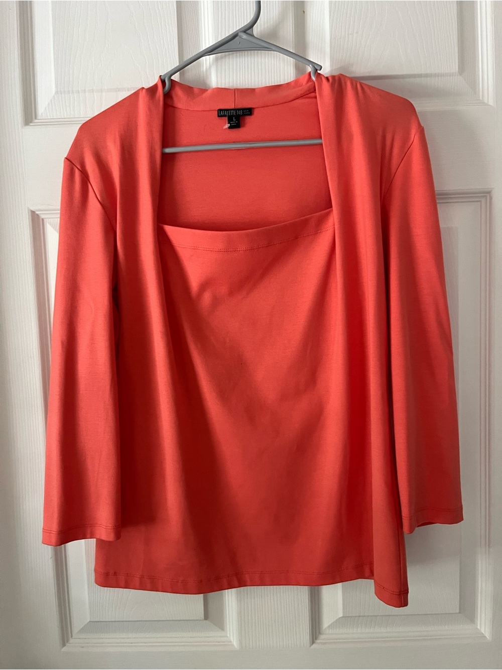 Lafayette 148 New York SzL Coral Square-Neck Cotton Stretch Long Sleeve Top